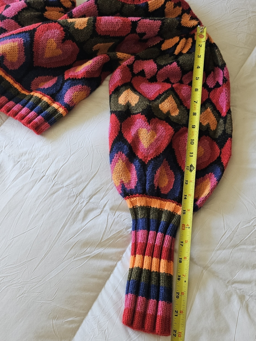 Farm Rio Full Of Hearts Jacquard Sweater Size Medium Rainbow Wool Puff Sleeves - Picture 6 of 6